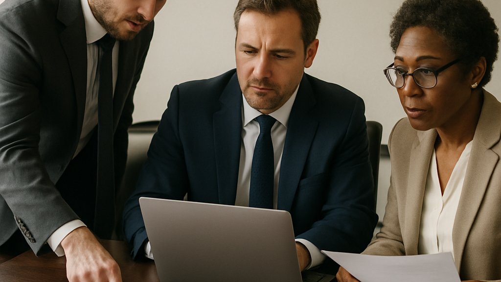 Business team reviewing AI Copyright Law strategy in a meeting room