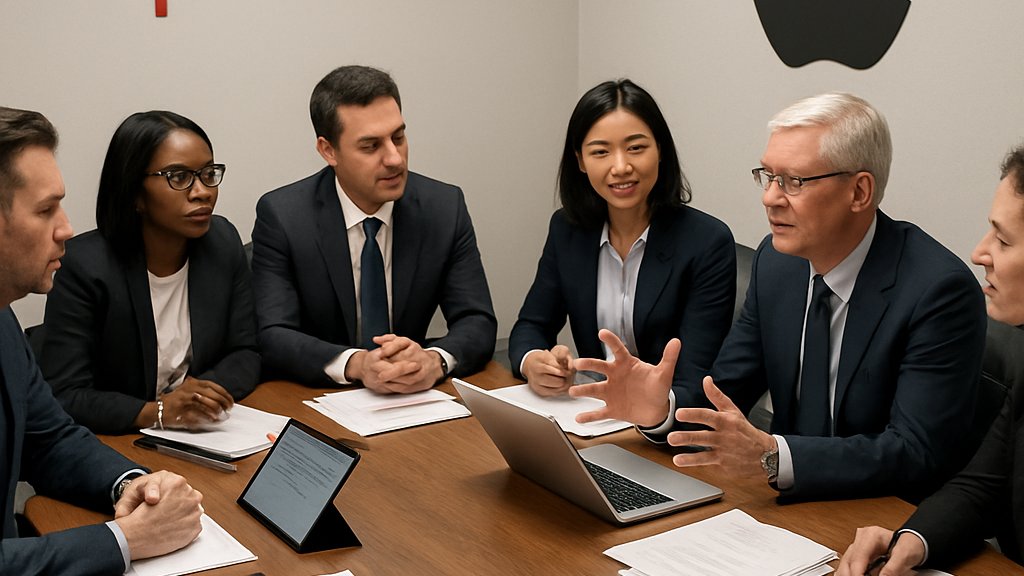 Executives planning Market Dominance strategy at Alphabet and Apple meeting.