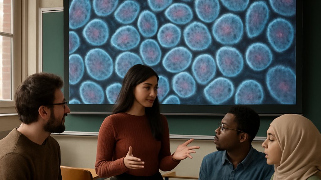 Graduate students discuss Biological Segmentation benchmarks in university setting.