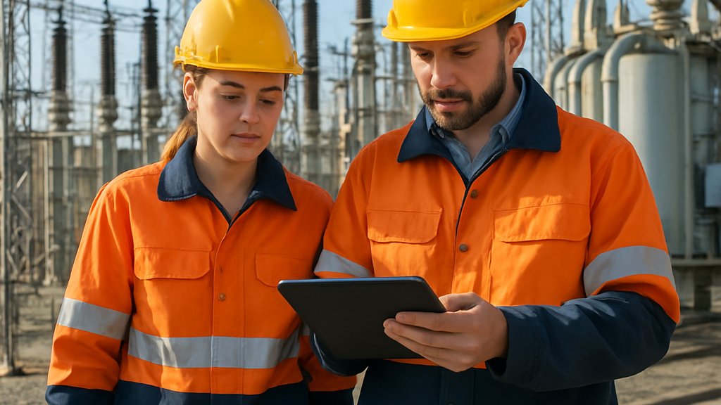 Engineers inspecting AI Energy infrastructure at a grid substation