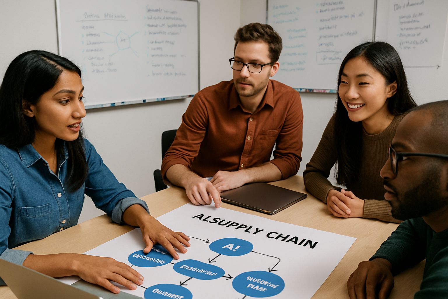 IT team discusses AI Supply Chain risks in modern office.
