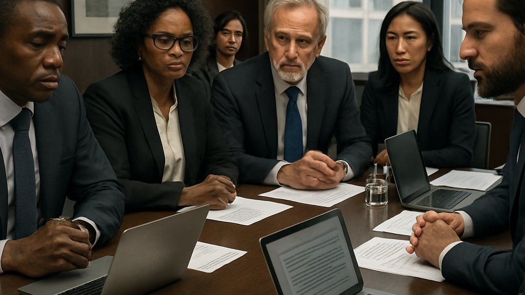 Business team discussing AI Liability case in a modern conference room.