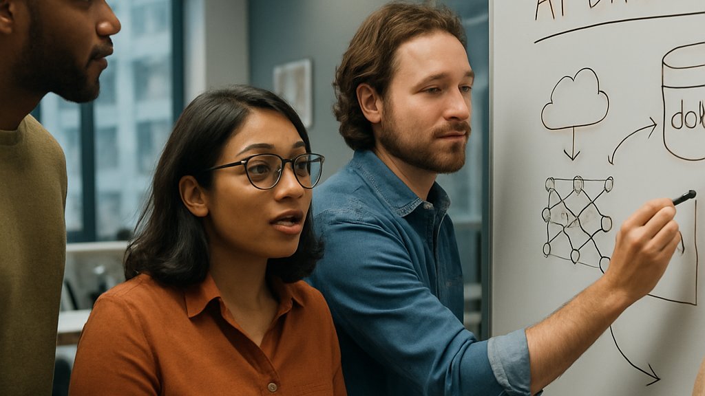 Team collaborating on AI Database design with MongoDB platform.