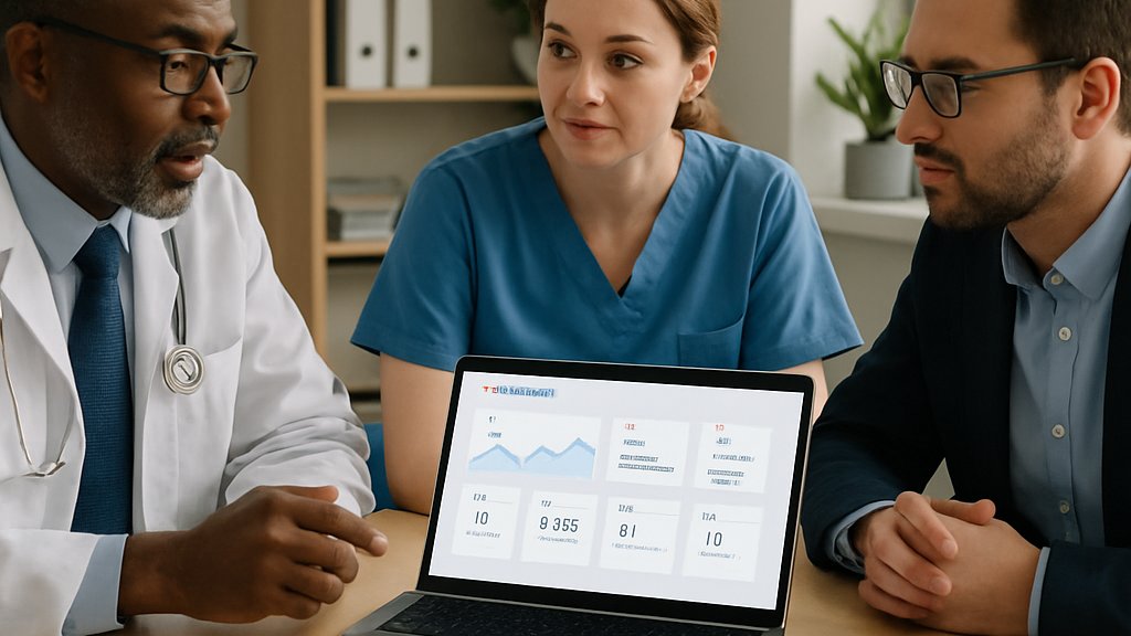 Healthcare team discussing workflow changes with AI Healthcare on a laptop