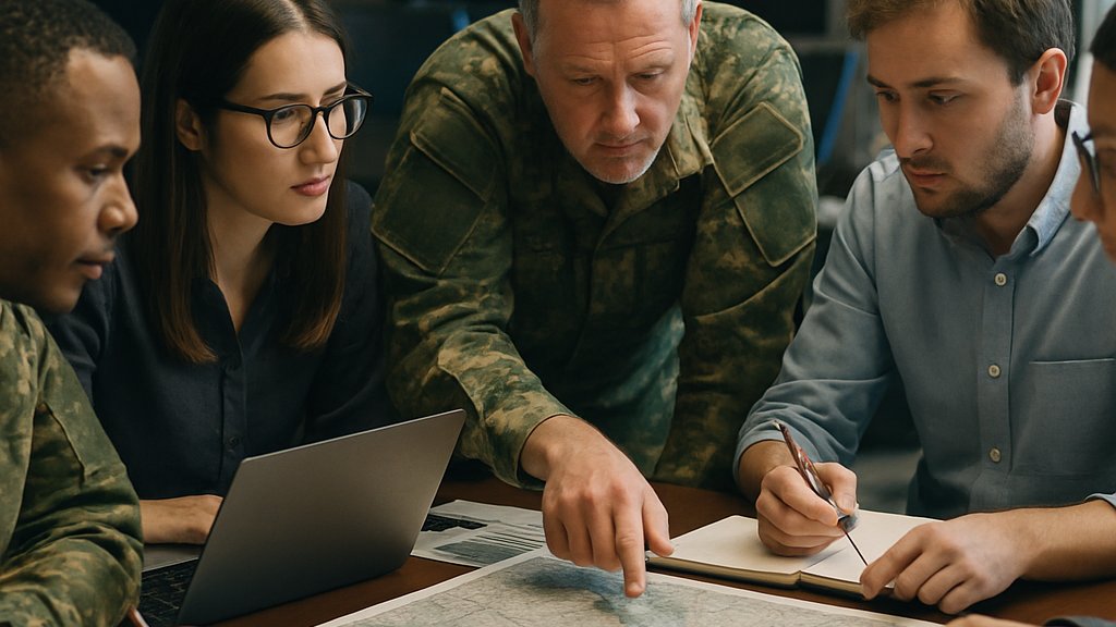 Military and civilian team collaborating on AI Defense strategy session