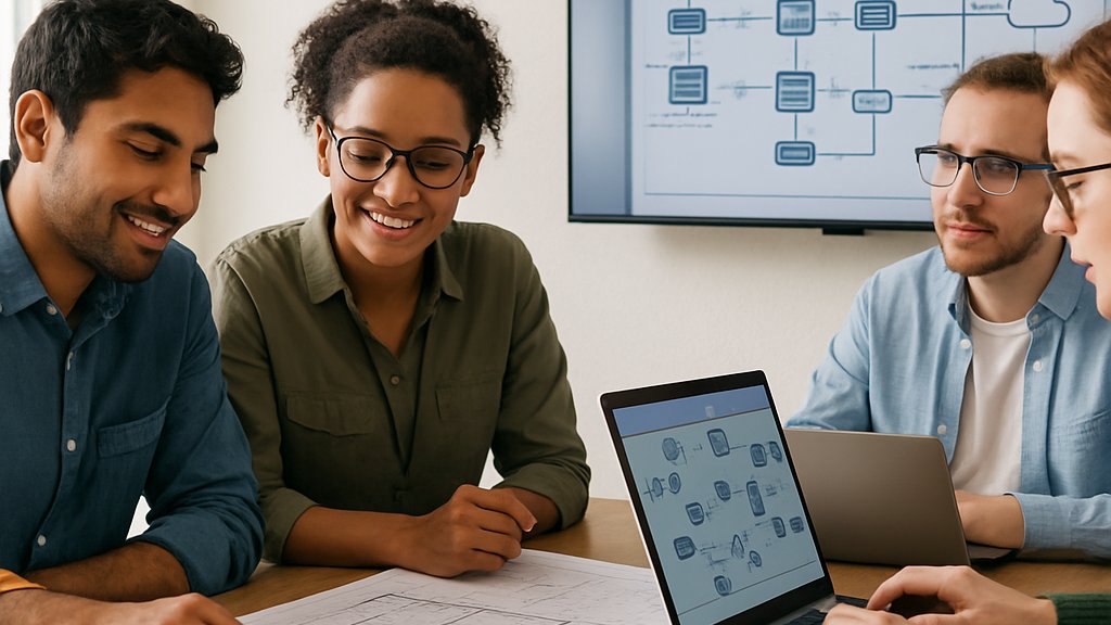Network Infrastructure specialists collaborating on digital blueprints