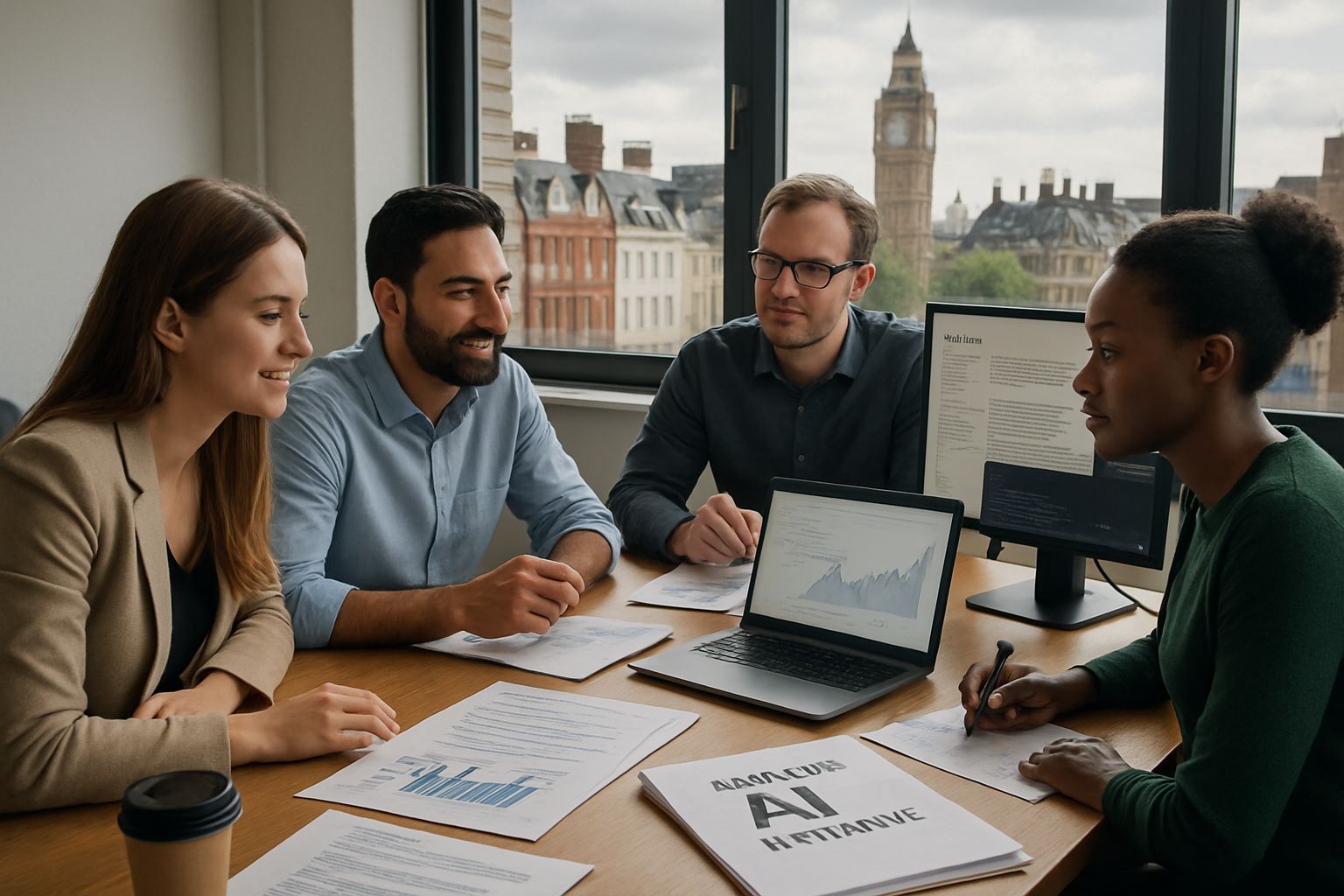 UK tech professionals discussing National AI Sovereignty in collaborative office setting