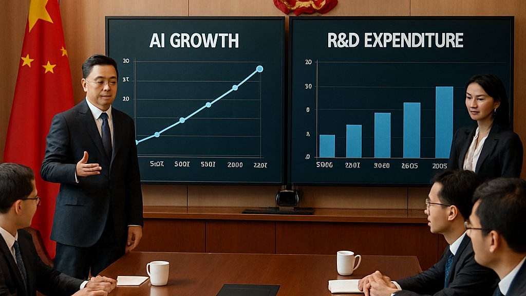 China AI Strategy illustrated in a tech boardroom with growth charts and leaders.