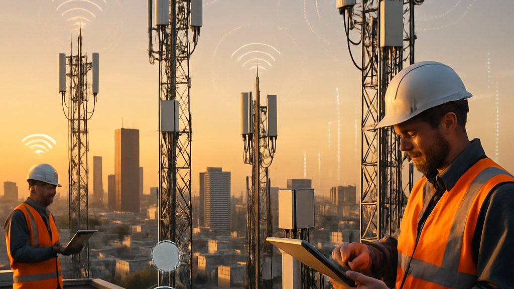 Telecom AI Workforce maintaining city cell towers with new technology.