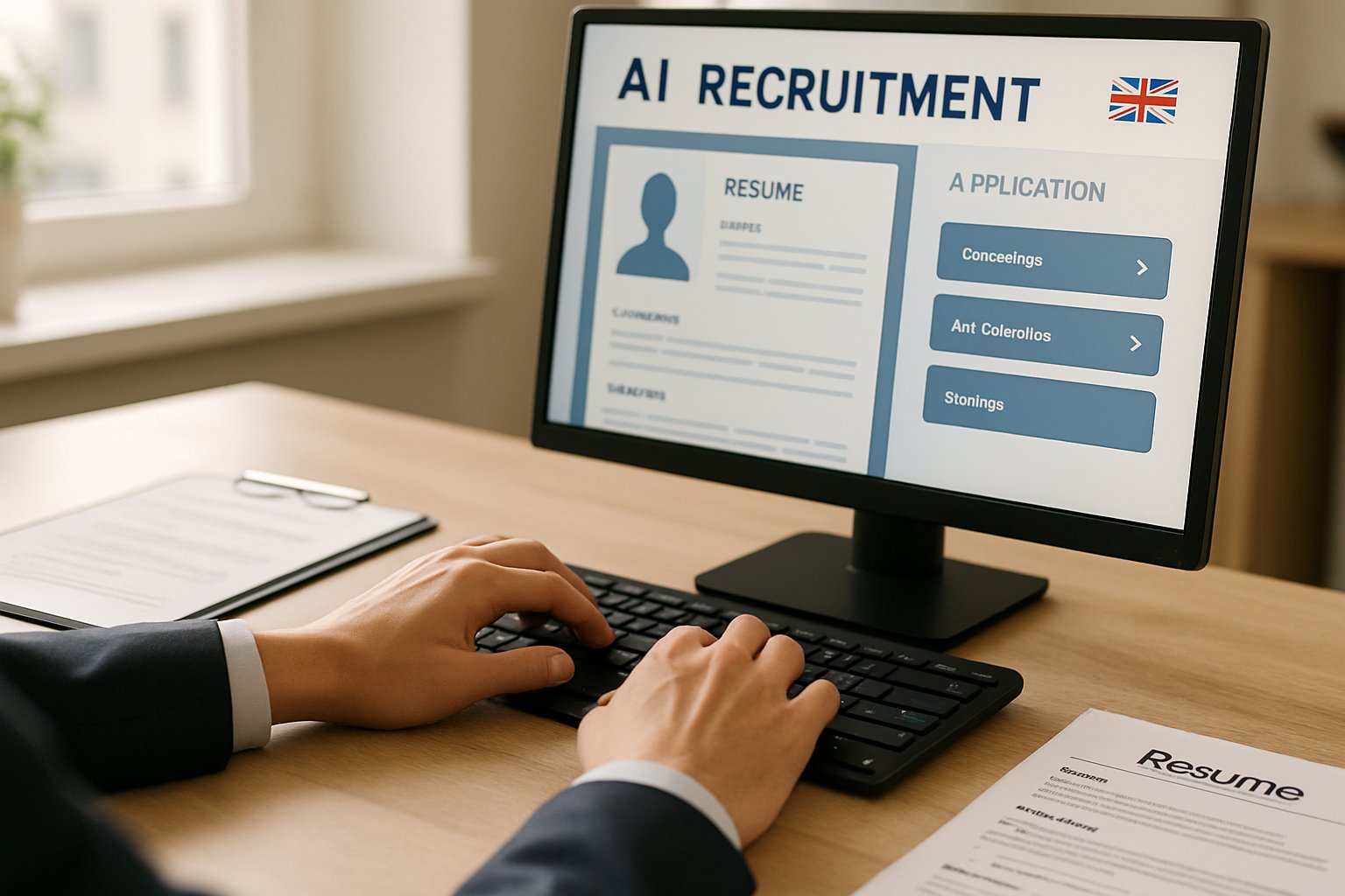 Recruiter reviewing AI Recruitment dashboard alongside traditional resume paperwork.