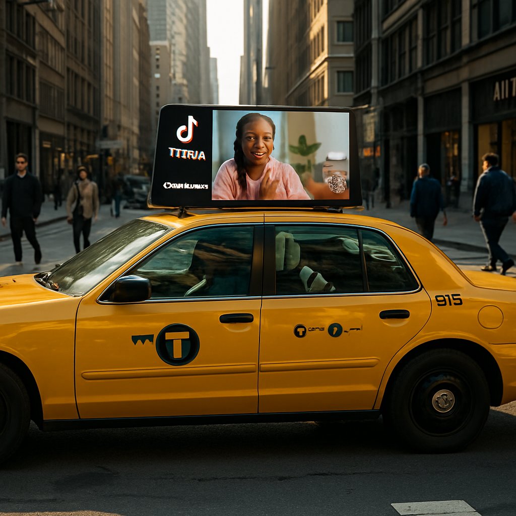 Taxi cab with digital TikTok OutOfPhone ad in urban environment.