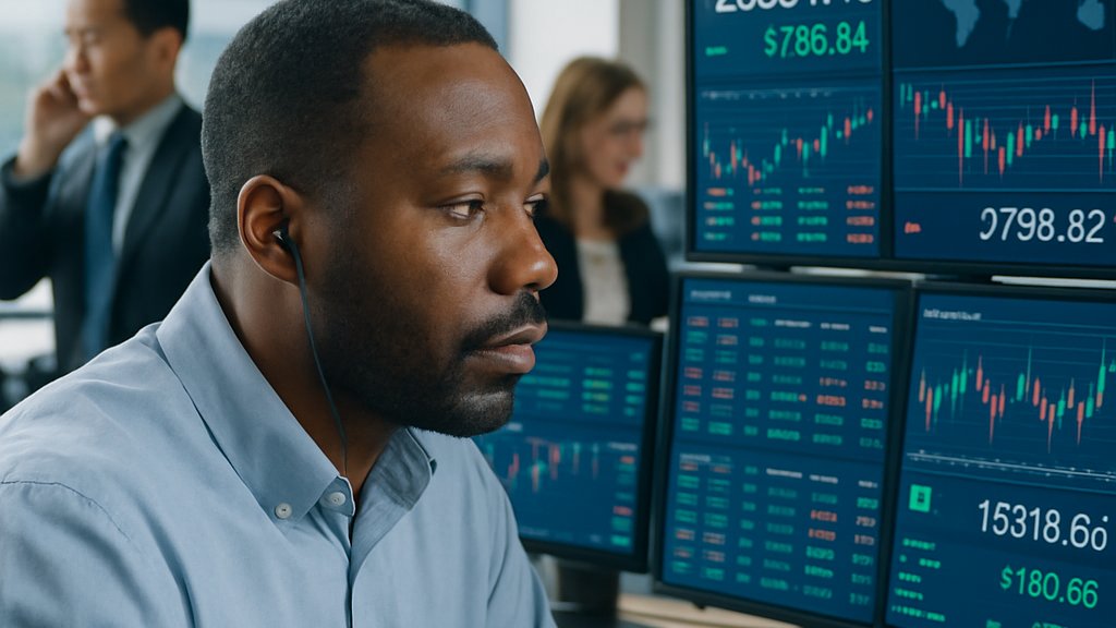 Financial Markets trader watching Nikkei tech index in office setting.