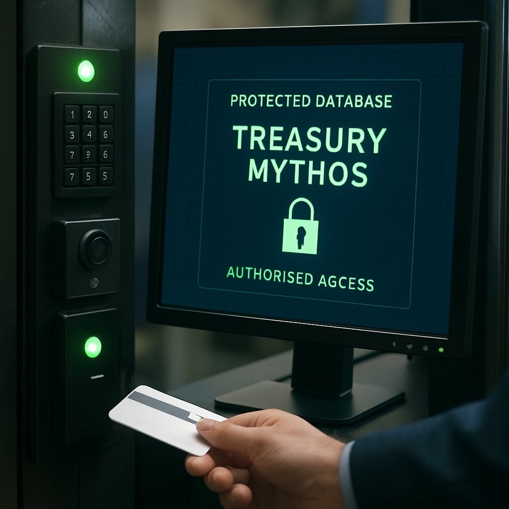 Secure bank tech hub showing Treasury Mythos restricted database access.