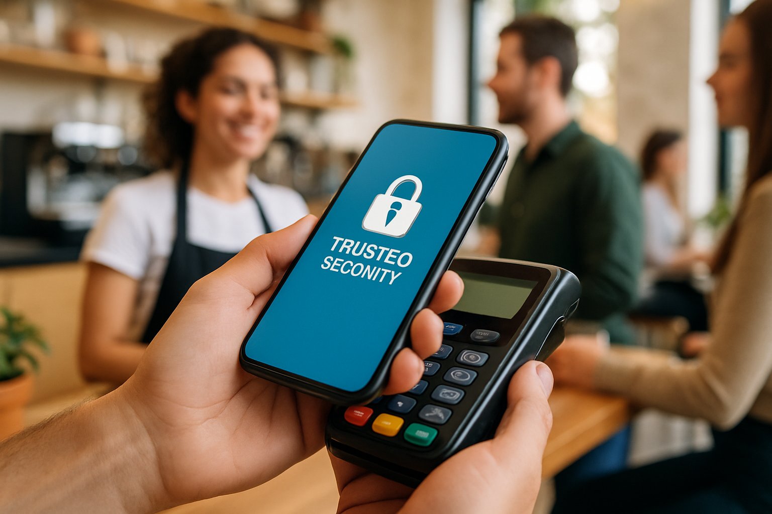 Automated Commerce Trust shown in mobile phone payment at café register