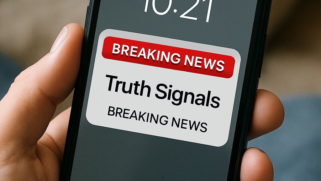 Truth Signals highlighted on a mobile phone breaking news alert.