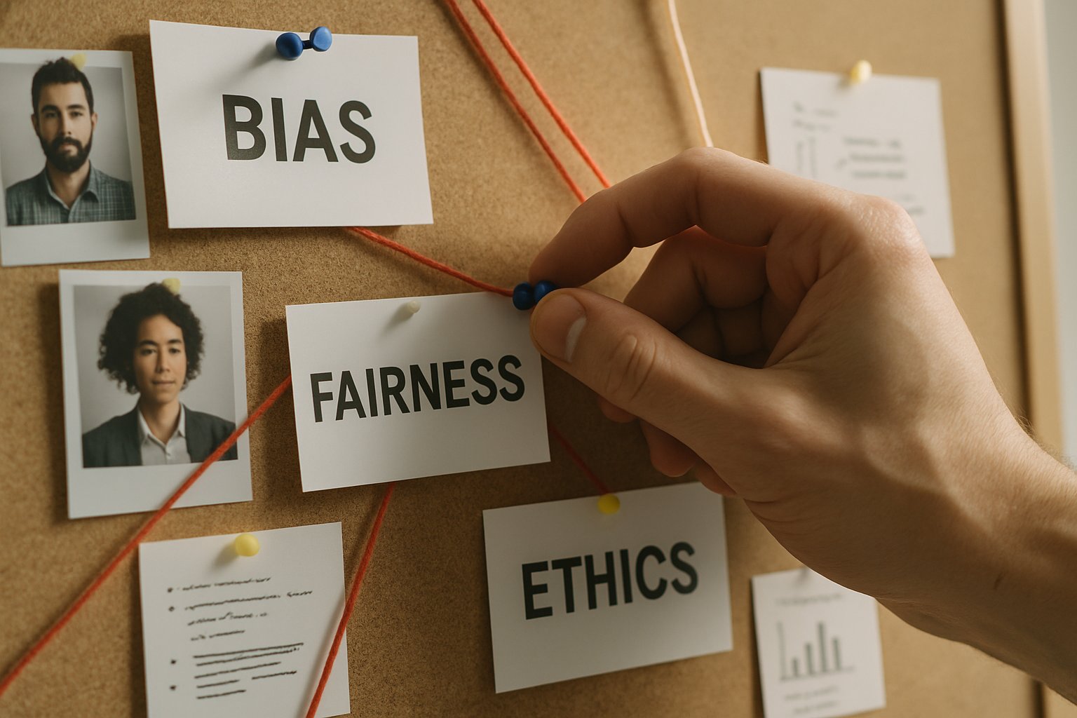 Hand connecting notes on Algorithmic Bias and ethics on a project corkboard.