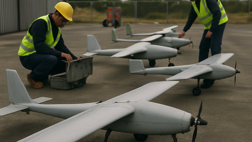 Autonomous Defense Systems uncrewed fleet on tarmac with technicians