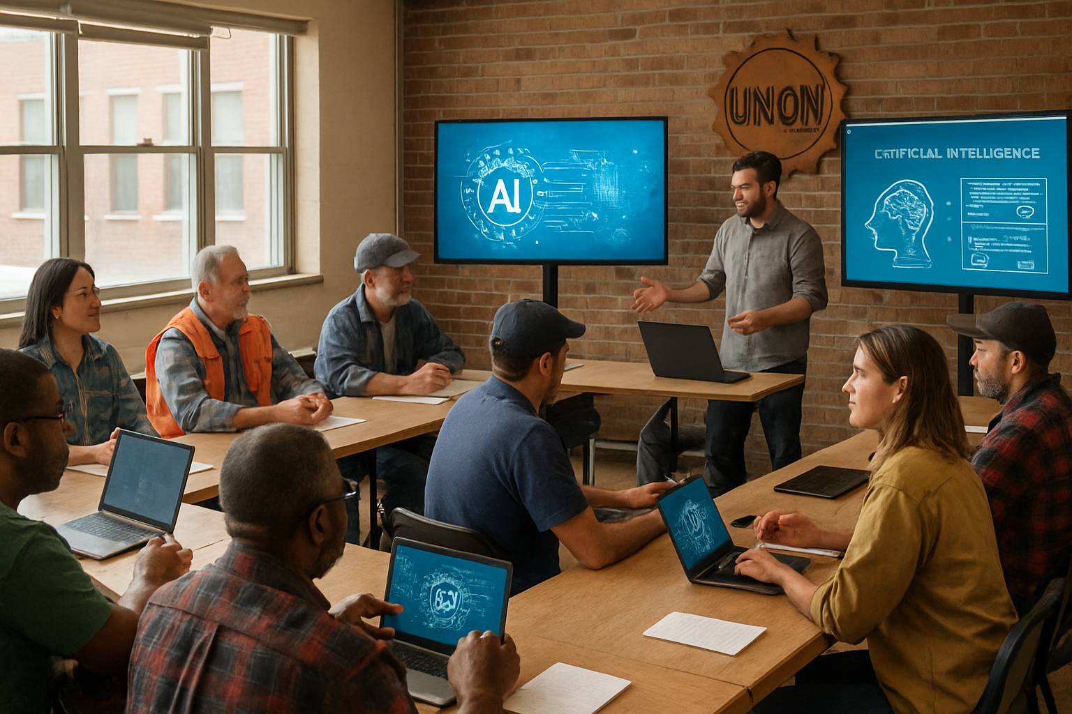 Labor Union AI training session with diverse union members learning new technology.