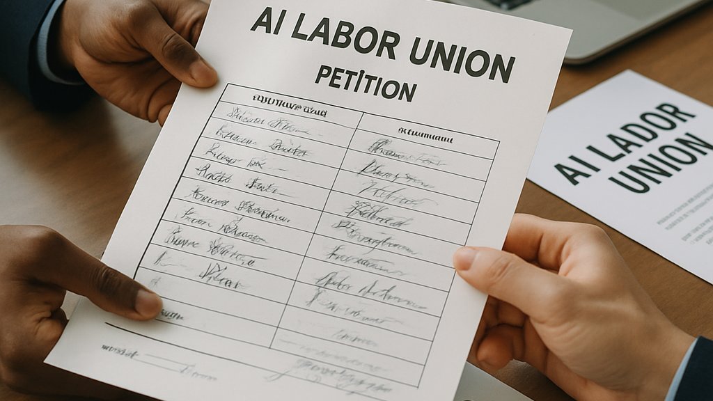AI Labor Union membership petition being signed by DeepMind staff in a realistic office.