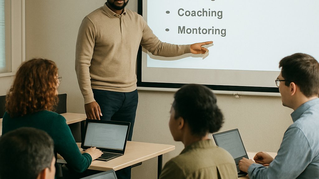 AI Workforce Restructuring upskilling session for employees in a corporate training room