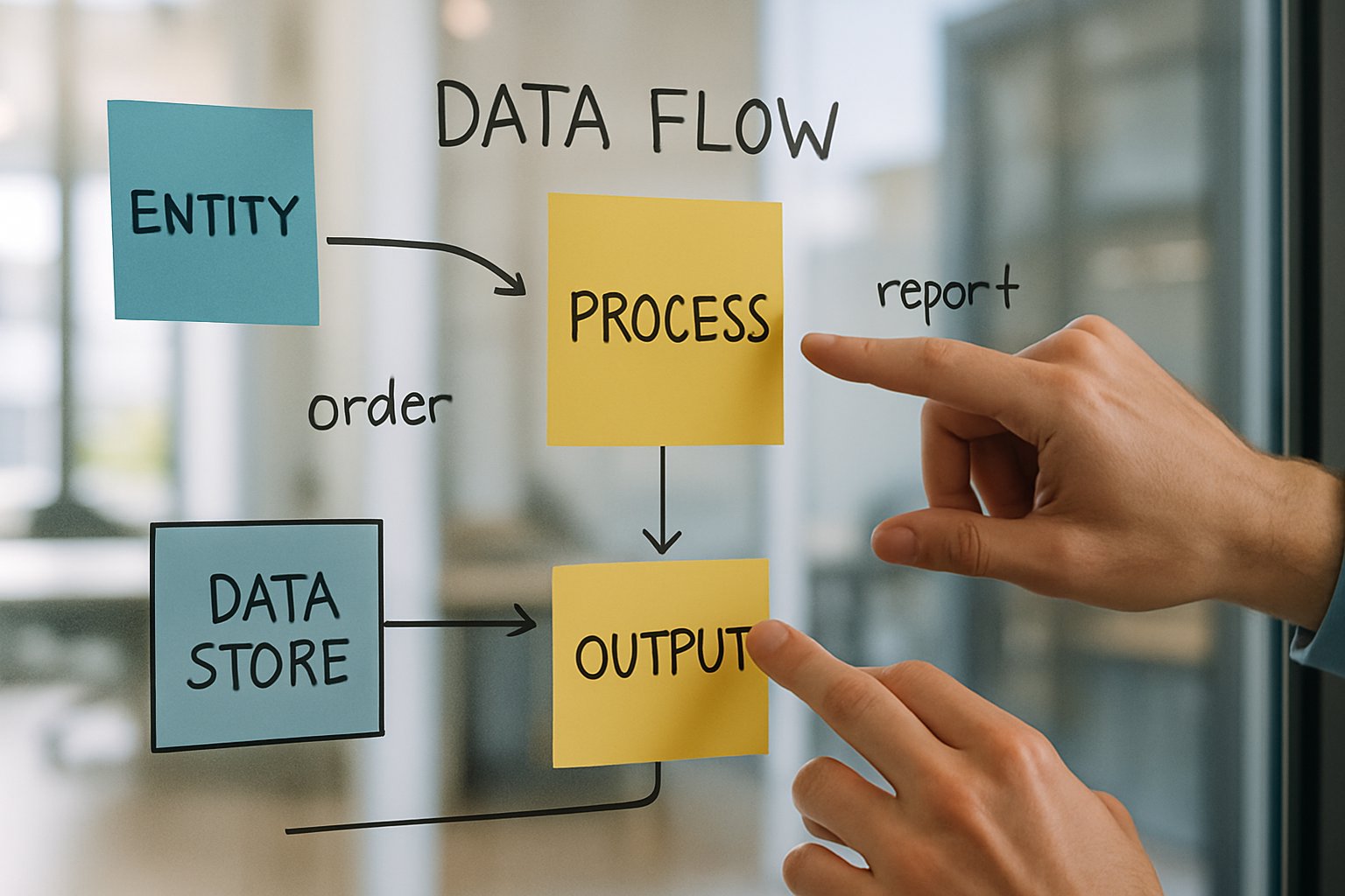 Data Quality Governance process illustrated on glass wall with data flow diagrams.