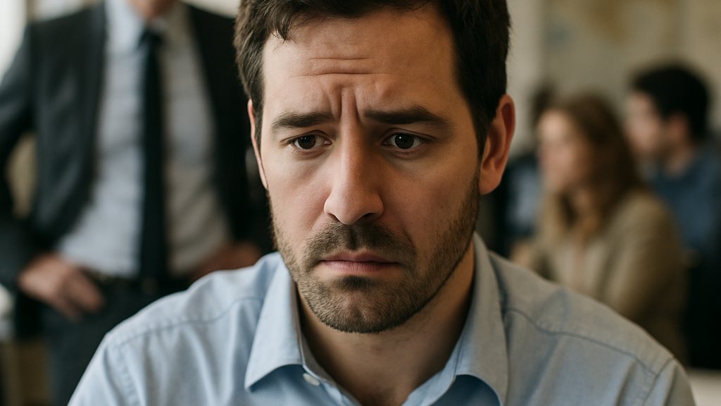 AI Surveillance concerns shown through an anxious employee in office setting
