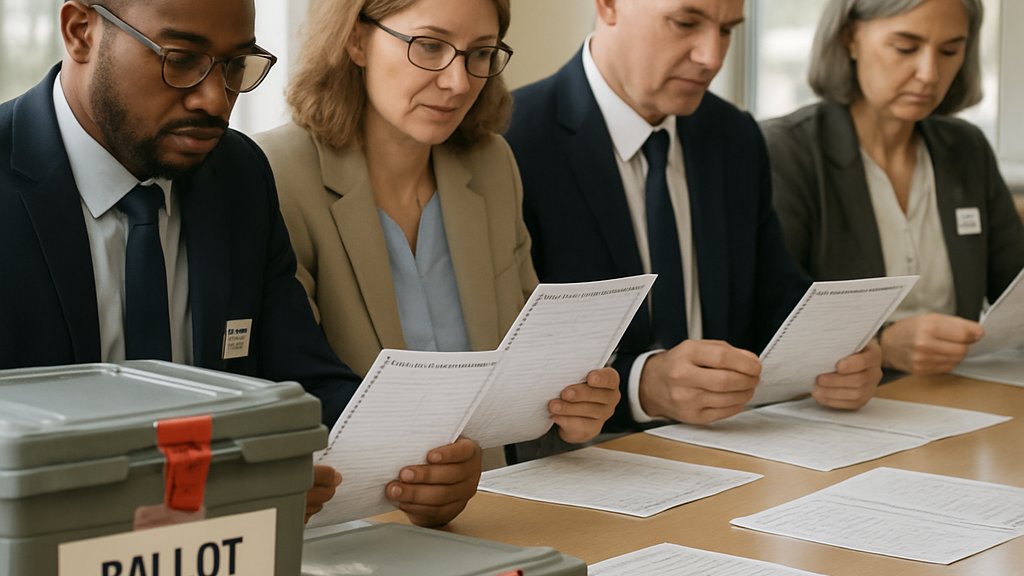 Election workers review ballots in a secure room involving Election Technology.