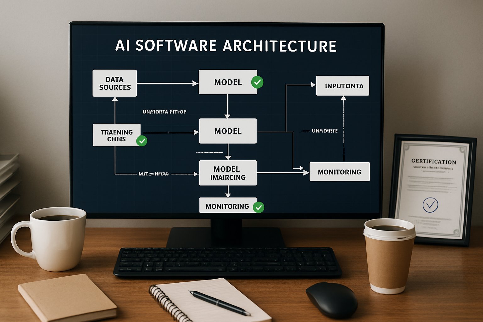 Workspace with AI Software Architecture diagram and compliance certifications visible.