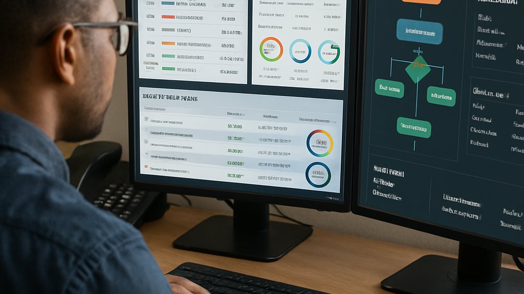 IT analyst monitoring AI Cyber Services risk controls on dual screens