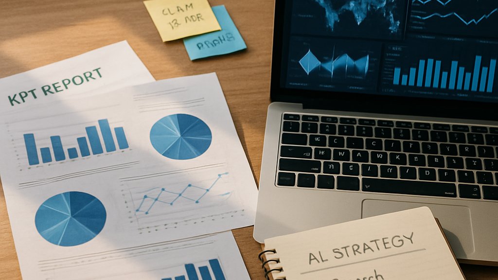 Enterprise AI Strategy dashboard with KPI reports and analytics on a desk