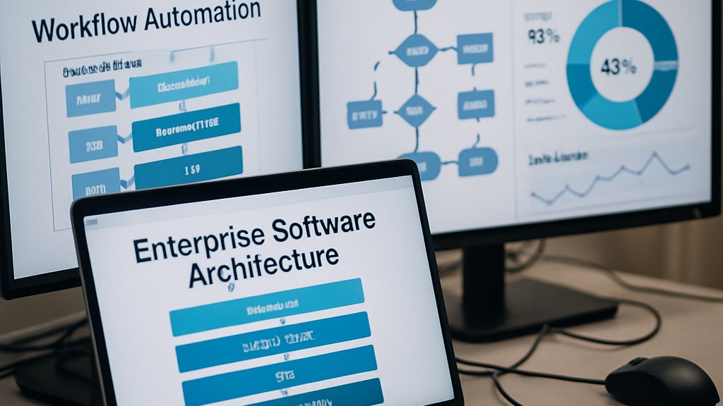 Enterprise AI Stack architecture dashboard on laptop and monitors
