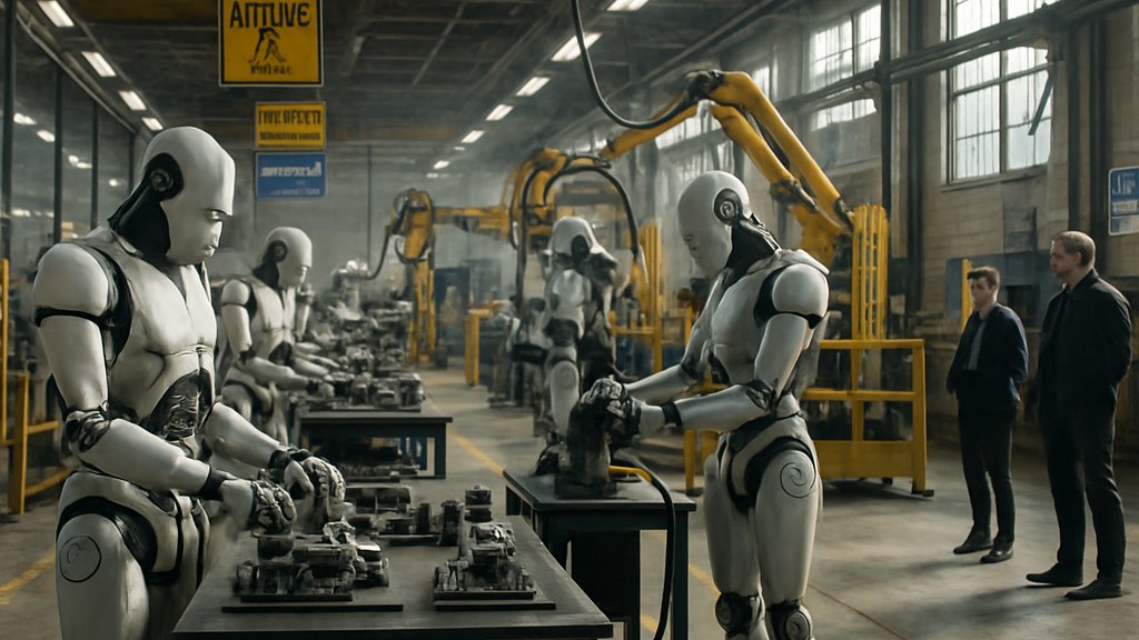Humanoid Robot Workforce expanding across an automated manufacturing plant