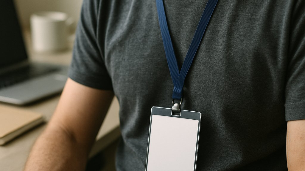 Workplace AI Surveillance badge worn by an employee at a desk