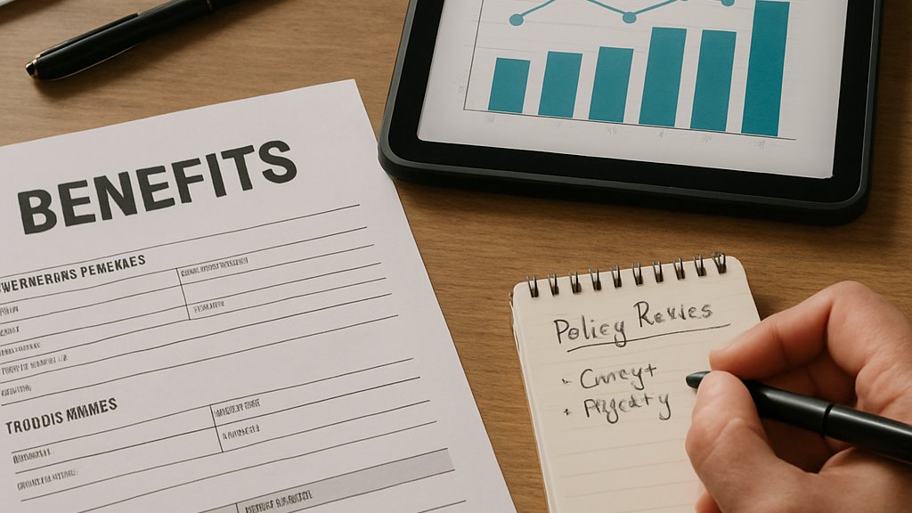 Desk documents and tablet illustrate Benefits AI Adoption governance