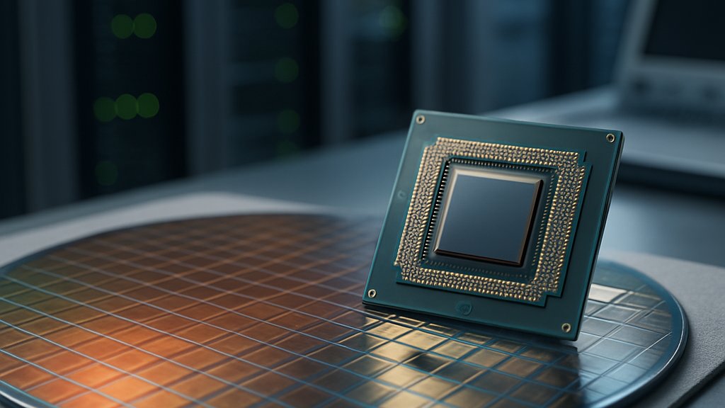 AI Chip Stocks spotlight semiconductor wafer and chip package in lab setting