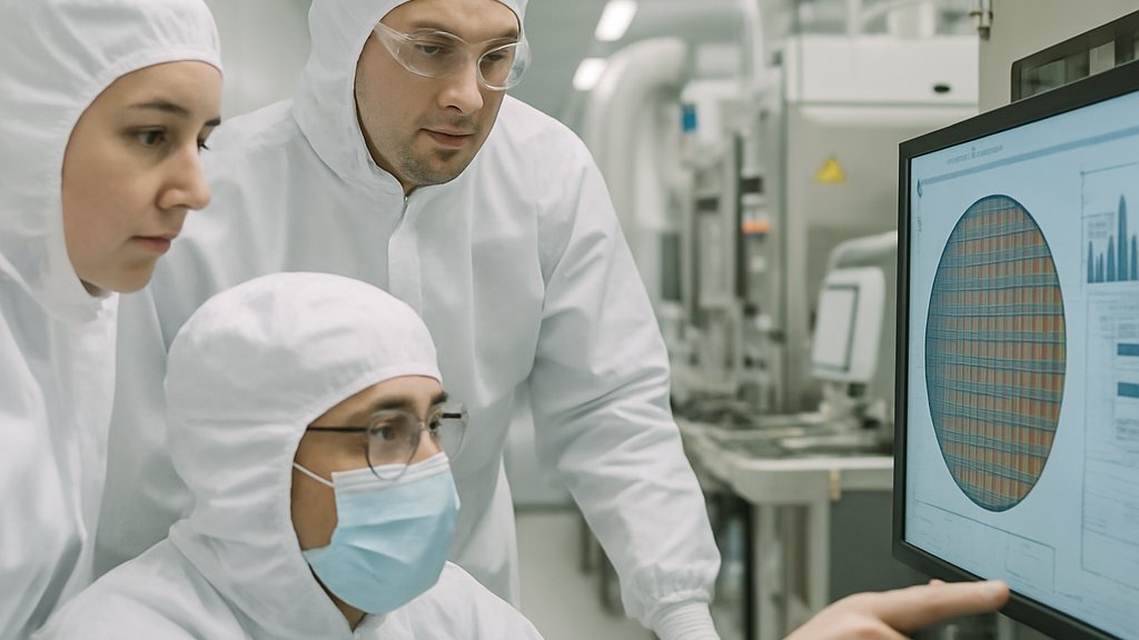 Engineers reviewing AI Memory Chips production data in semiconductor cleanroom