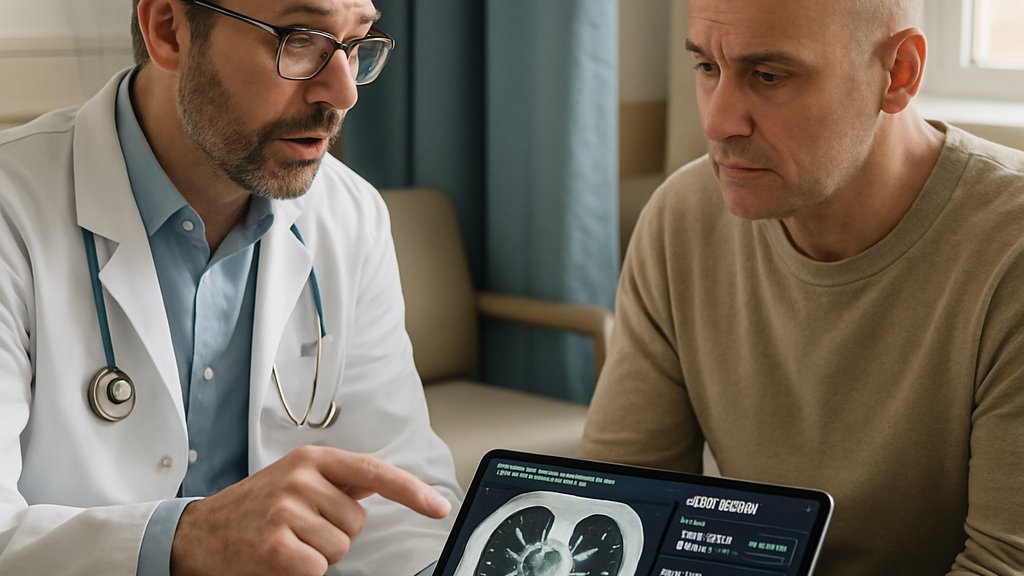Doctor discussing AI Medical Diagnostics results with patient in clinic