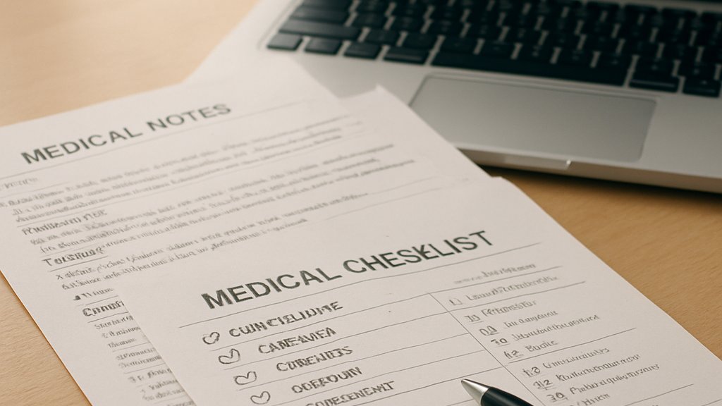 Clinical LLM Benchmark paperwork and laptop in a healthcare setting