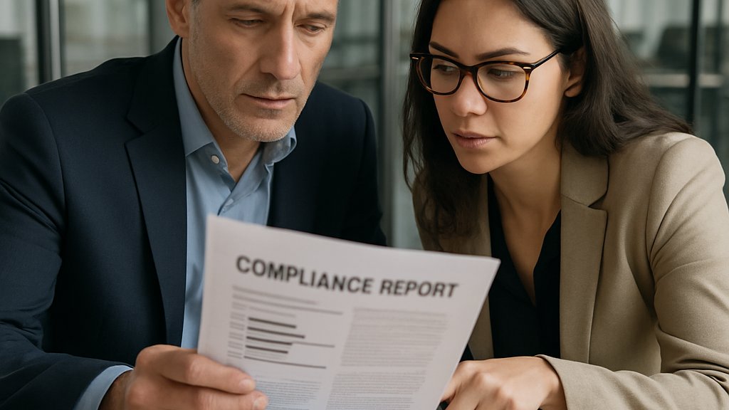 Business team reviewing DMA Compliance Rules in an office setting
