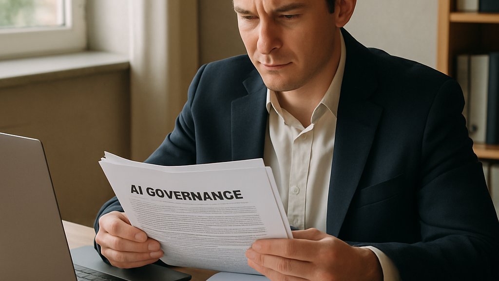 Policy analyst reviewing State AI Regulation compliance documents in an office
