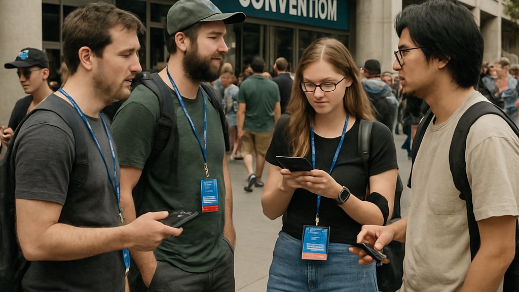AI Creative Backlash outside gaming convention venue with skeptical attendees