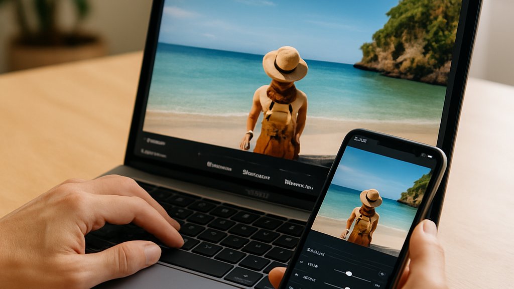 AI Photo Editing workflow with Apple Photos app on iPhone and laptop