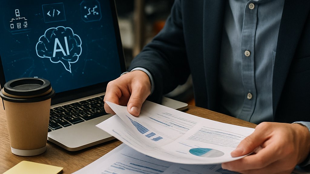 Professional desk scene showing AI Workplace Challenges and productivity shifts