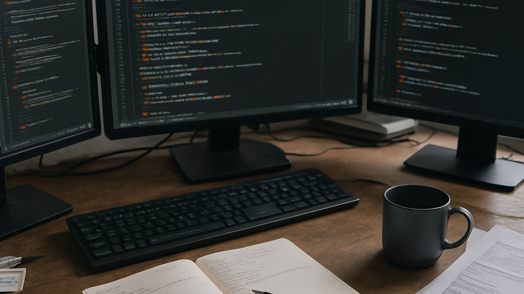 Coding Acquisition Deal and developer tools workspace with code on monitors