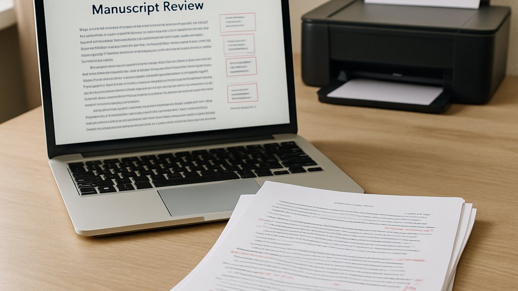 AI Generated Fiction manuscript review and detection workflow on office desk
