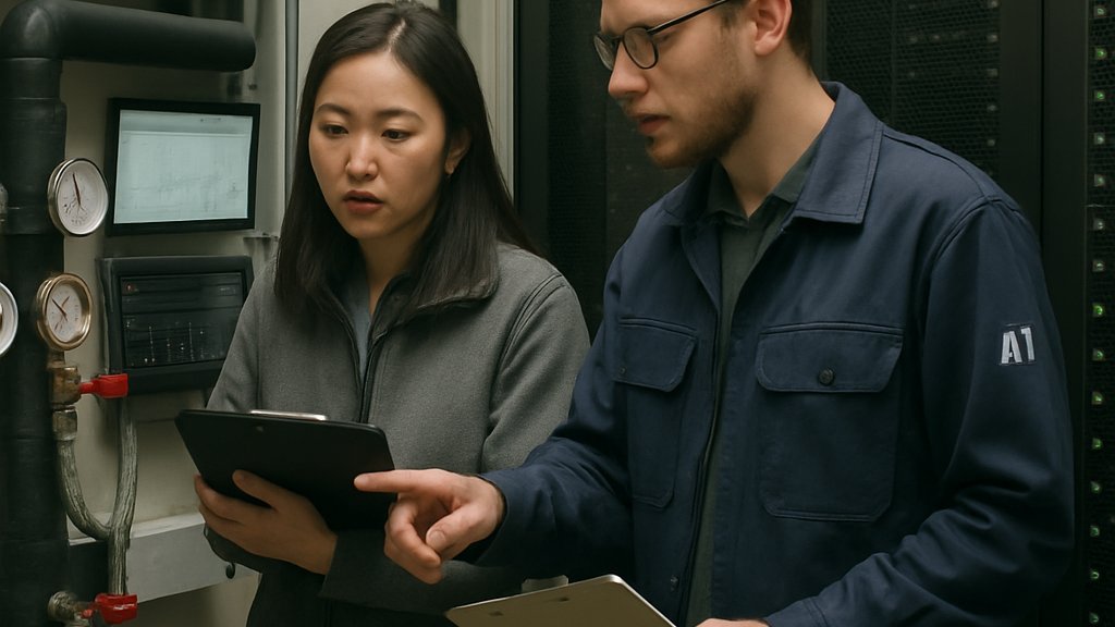 Engineers reviewing AI Liquid Cooling performance in a data center