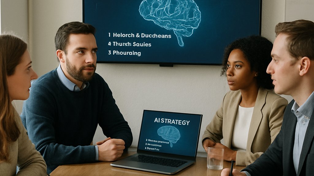 Leadership team reviewing Enterprise AI Trends and ROI strategy in an office meeting