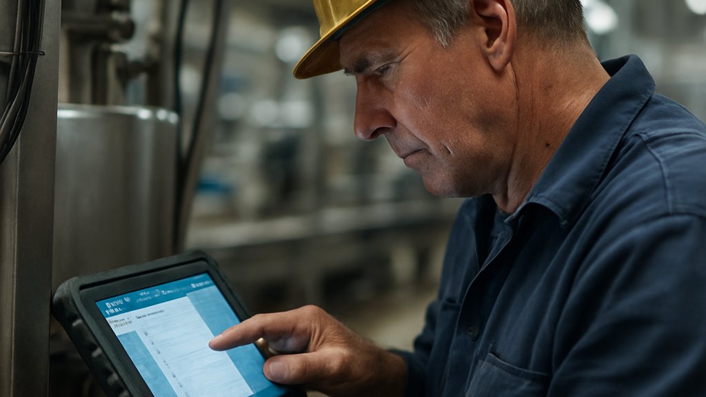 Technician using Industrial Automation Software on a factory floor