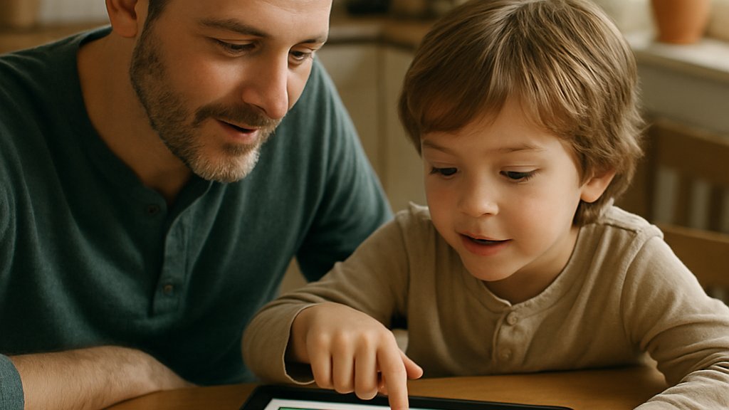AI Cartoon Storytelling shared on a tablet in a family setting