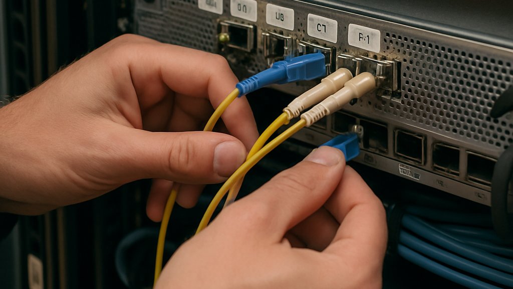 AI Networking Infrastructure technician connecting fiber optics in server rack